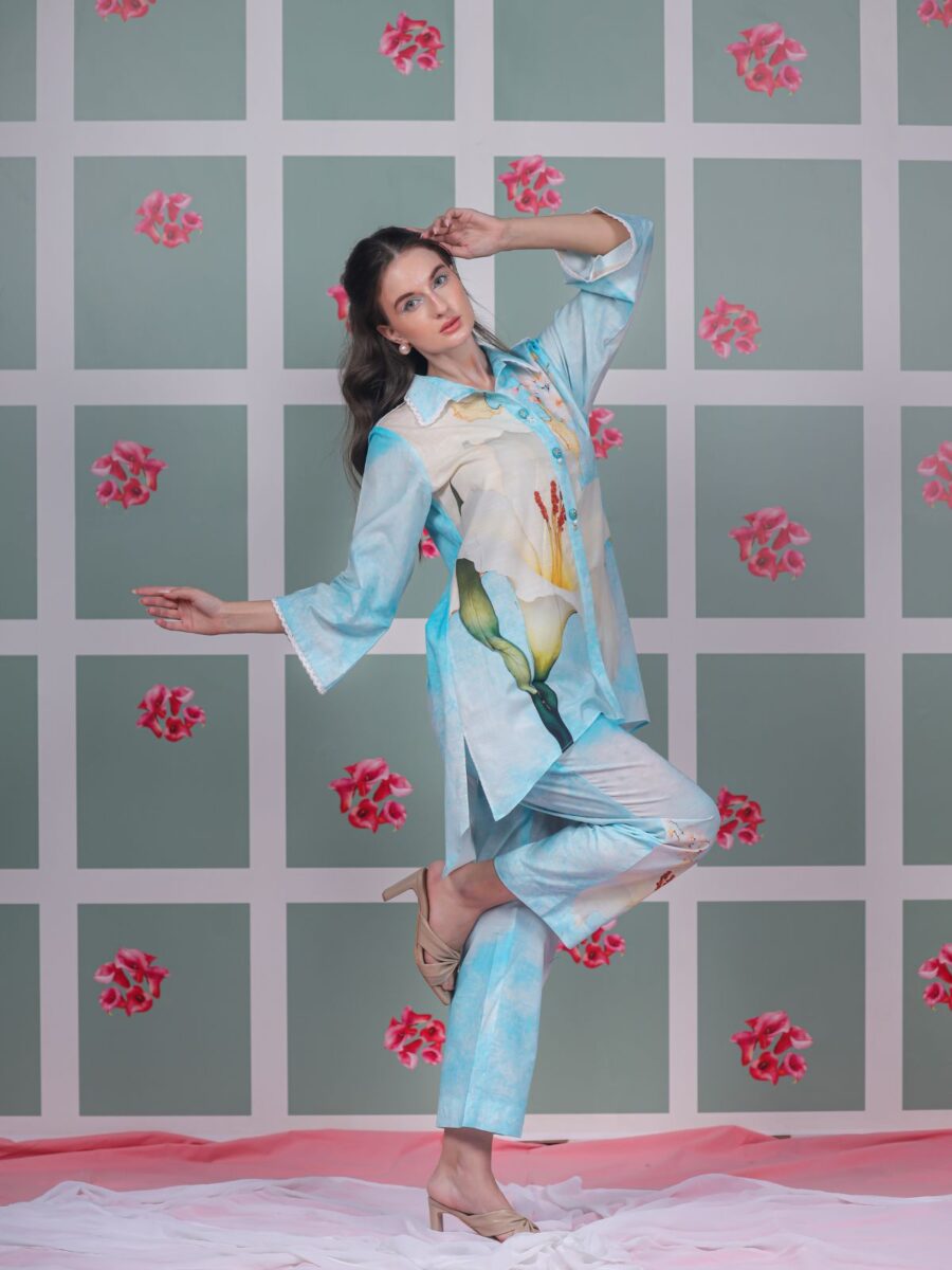 Navona Blue Tulip Print Kurta Pant